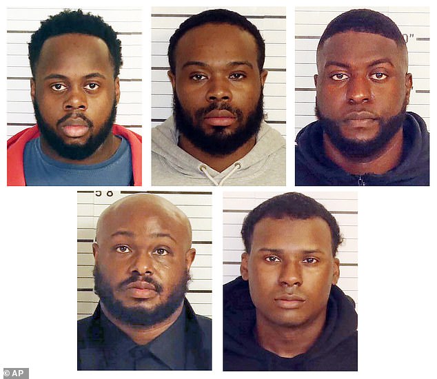 From top row from left: Tadarrius Bean, Demetrius Haley, Emmitt Martin III, bottom row from left, Desmond Mills, Jr.  and Justin Smith.  All have been charged in Nichols' death