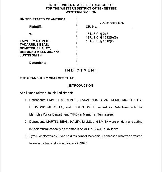 An indictment filed Tuesday in federal court accused the five men of excessive force, failure to intervene, deliberate indifference and witness tampering.