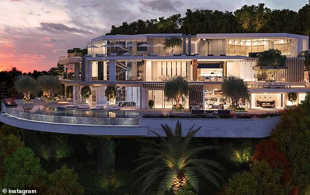 What Could Have Been: A mock photo shows what Hadid's Bel-Air property would have looked like when it was finished, with a very modern and sleek glass facade and a wraparound infinity pool