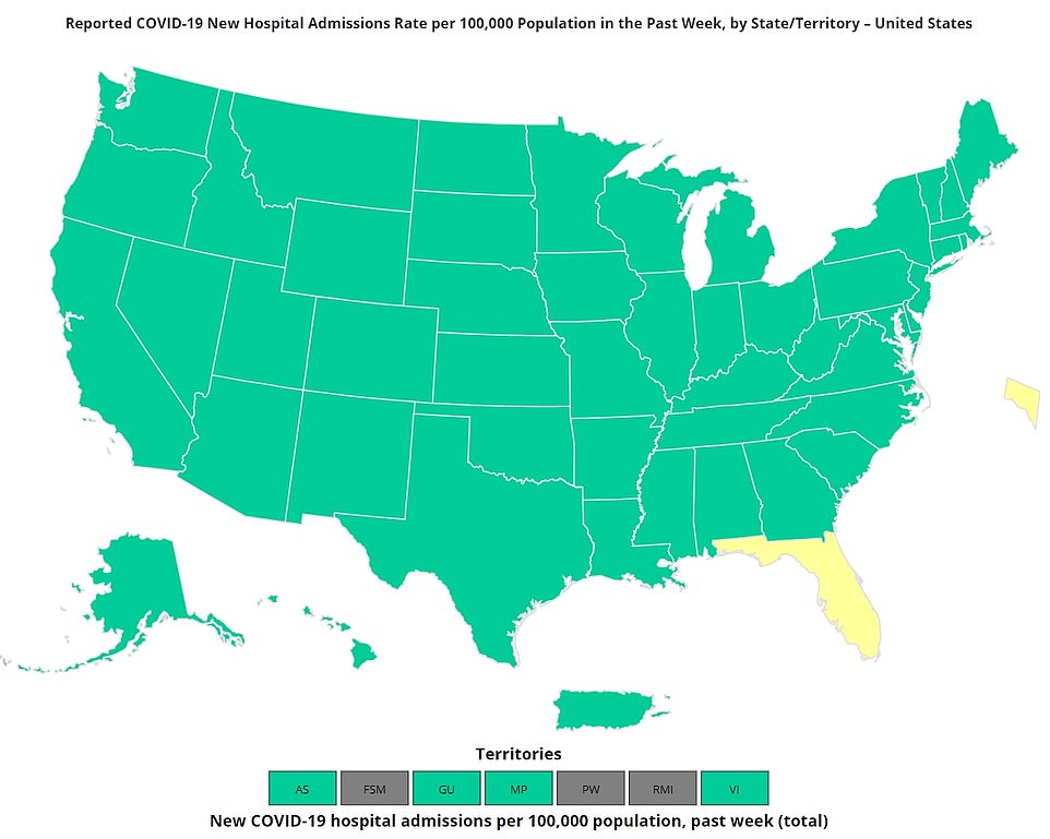 The above map shows the number of Covid hospitalizations per 100,000 people in the US by state in the week ending September 2