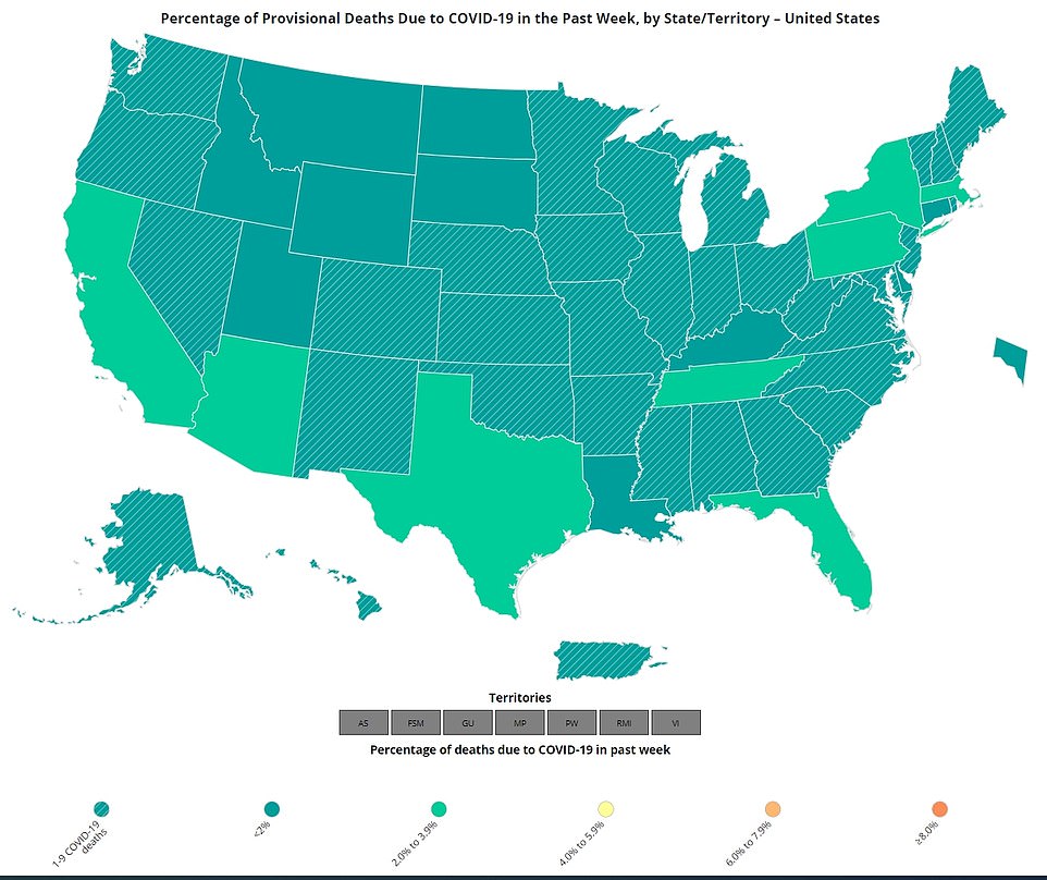 The map above shows the percentage of deaths in each state linked to Covid infection