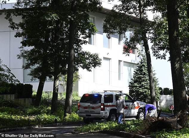 Fire trucks and police cars with their lights parked on the driveway and road