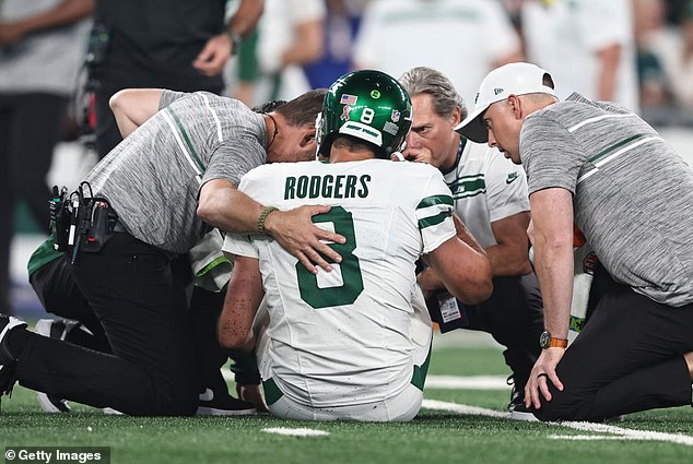 Aaron Rodgers suffered a torn Achilles tendon in his left ankle on Monday night, just four games into his Jets career