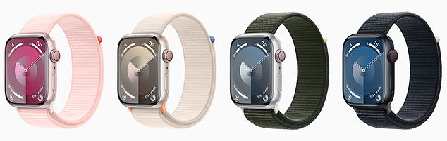 Apple Watch Series 9 is available in 41mm and 45mm sizes in starlight, midnight, silver and a new pink aluminum case, and in stainless steel in gold, silver and graphite