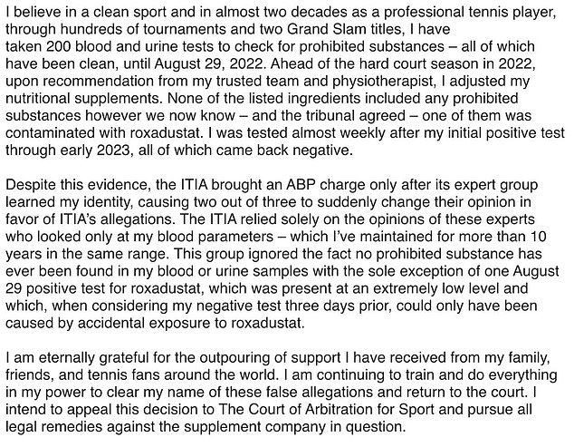 Halep released a statement insisting she had been 