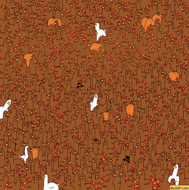 This 2021 brainteaser is full of turkeys and pumpkins, but there are also four roosters and one apple hidden inside