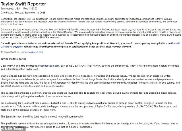 This is the job posting for the role of Taylor Swift Reporter at The Tennessean