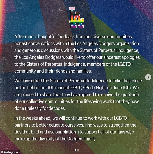 The LA Dodgers apologized to the drag nuns for initially rescinding their invitation to their Pride Night on June 16, and renewed the invitation on Monday.