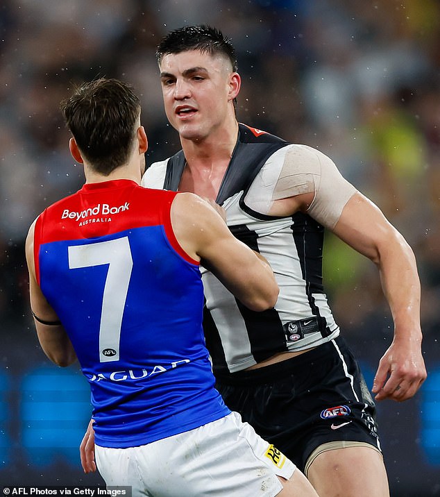 Brayden Maynard (pictured) knocked out Brayshaw when he crashed into him after leaping into the air to smother the Demons star's kick during last Thursday night's final win over Collingwood - and the incident has divided the football world