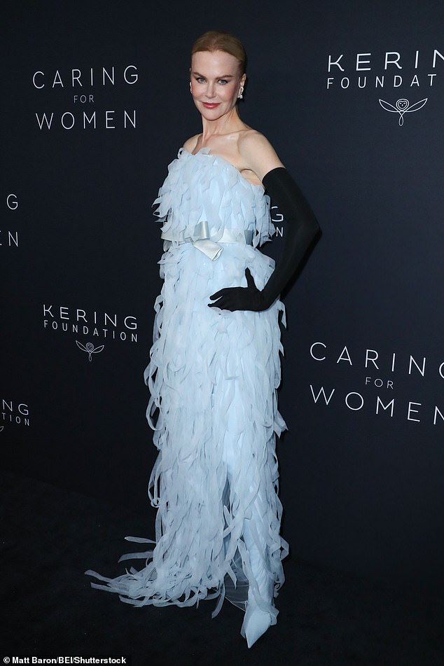 The 56-year-old actress turned heads at the Kering Foundation's second annual Caring For Women Dinner in New York in a stunning light blue strapless dress