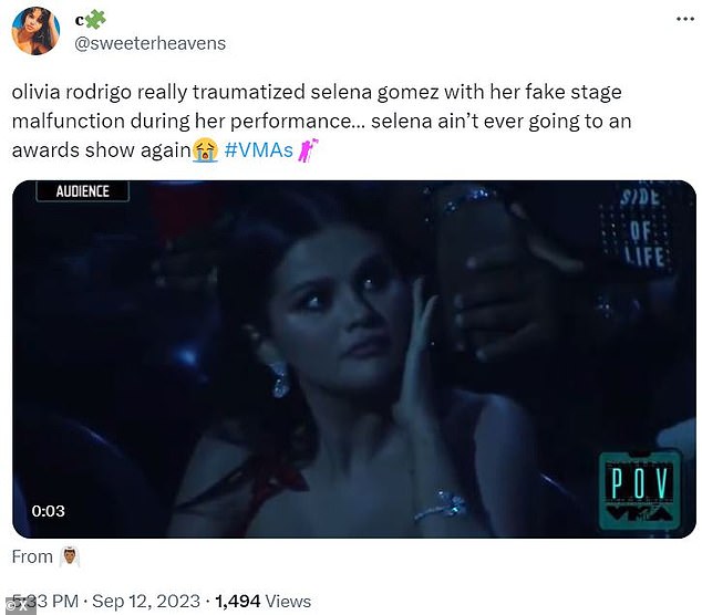 Fake: 'Olivia Rodrigo really traumatized Selena Gomez with her fake stage malfunction during her performance... Selena will never go to an awards show again,' said Twitter user @sweeterheavens