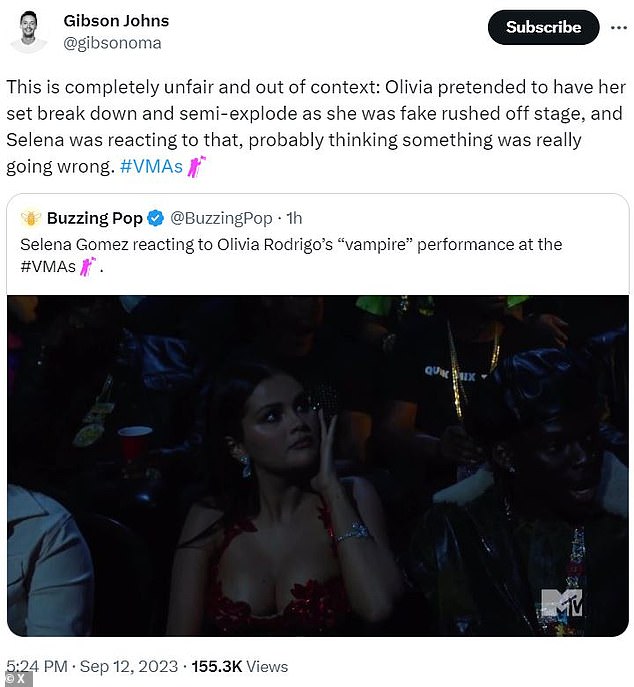 Dishonest: @Gibsonoma quoted a retweet claiming the response was to Olivia's performance, adding: 'This is completely unfair and out of context: Olivia pretended her set broke and semi-exploded while she faked it stage was rushed and Selena reacted to that and probably thought something was really wrong.”