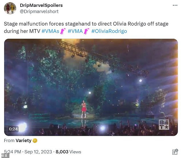 Stage: @Dripmarvelshort added: 'Stage malfunction forces stagehand to lead Olivia Rodrigo off stage during her MTV #VMAs'