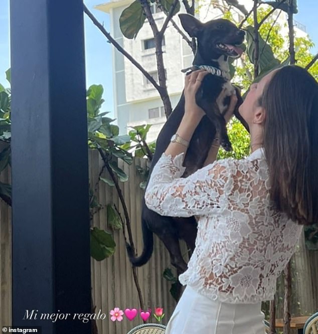 Paul Rodríguez's sister, Daniela Rodríguez, holds Maia on Tuesday, a day after the family was reunited with the six-year-old rescue animal