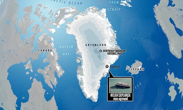 The Ocean Explorer remains aground in the Alpefjord in the Northeast Greenland National Park