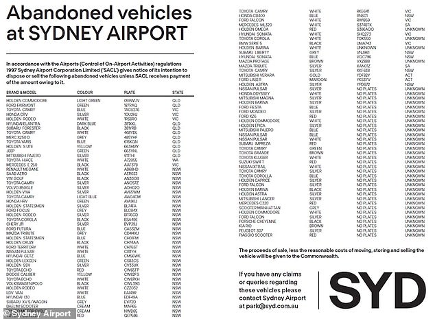 Sydney Airport has released a list of 98 dumped vehicles in a bid to return them to their owners before they are sold or destroyed