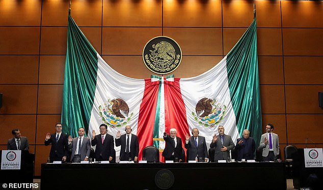 Mexican Congressman Sergio Gutierrez, Executive Director of American for Safe Aerospace Ryan Graves, journalist and UFO researcher Jaime Maussan, and Mexican and international experts attend a briefing on unidentified flying objects in Mexico City, September 12, 2023