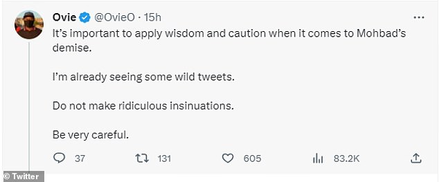 Warning: In an additional message, Ovie added: 'It is important to apply wisdom and caution when it comes to Mohbad's demise.  I'm already seeing some wild tweets.  Don't make ridiculous insinuations.  Be very careful'