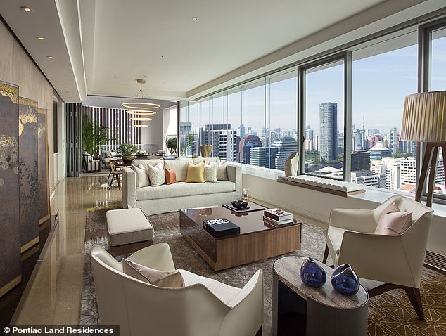 The four-bedroom apartments in the building offer panoramic views of the city and large living areas.  Pictured: A four-bedroom apartment in the Ardmore