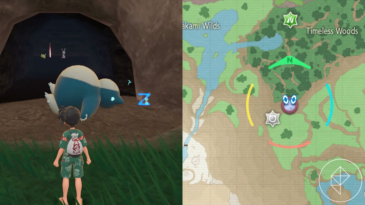 A Pokémon trainer stands before a sleeping Snorlax in Timeless Woods in Pokémon Scarlet and Violet: The Teal Mask