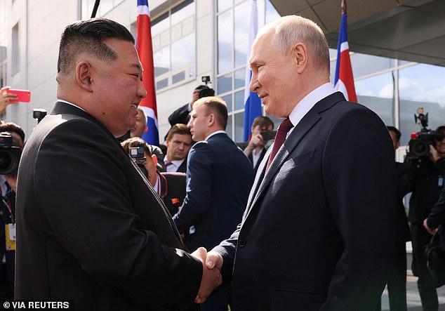 The attack is the latest military embarrassment for Russian President Vladimir Putin (right), who is meeting with North Korean dictator Kim Jong Un (left) today in Russia's far east.