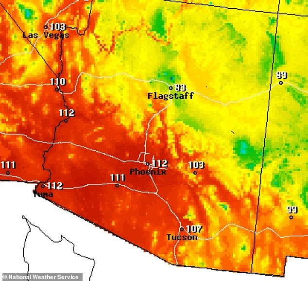 This week, Phoenix, Arizona, hit a new heat record after the mercury soared to a balmy 110F for 54 days this year - pictured is a heat map of the area taken on September 9