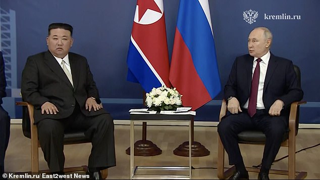 It appears Kim (left) left nothing to chance during his meeting with Putin (right), despite the pair professing their mutual friendship during the meeting at the Vostochny cosmodrome