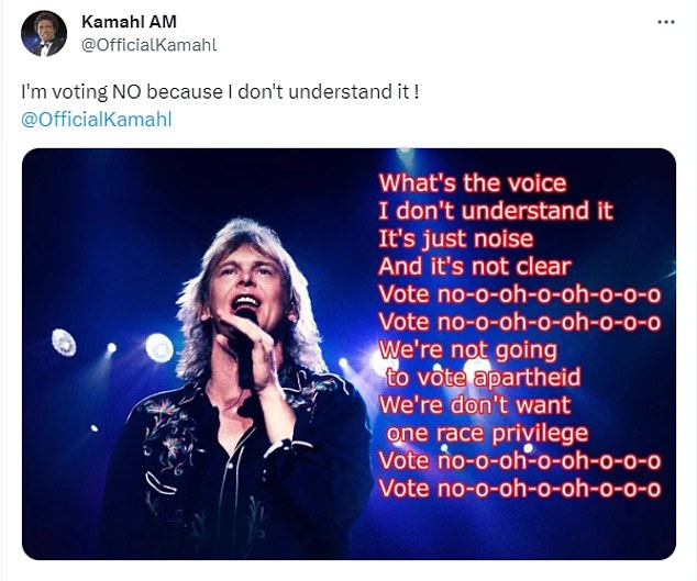 Kamahl also shared a meme of John Farnham's song You're The Voice, which is now the soundtrack for the Yes campaign, but changed the lyrics to reflect his personal opinion.