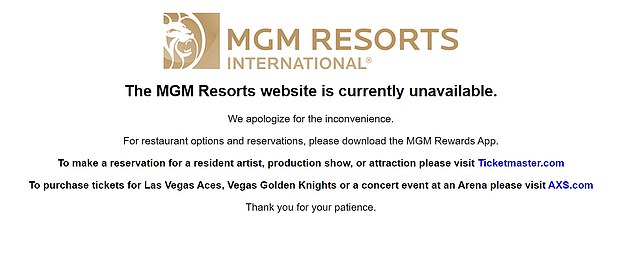 MGM Resorts' main website remained offline Wednesday morning, directing visitors to download the MGM Rewards app for dining reservations