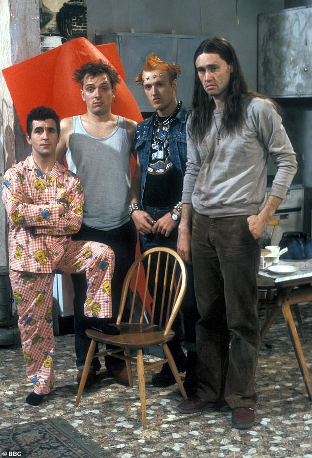 Throwback: The actors played long-haired paranoid hippie Neil and spiky, violent punk Vyvyan in the groundbreaking BBC sitcom (L-R Christopher Ryan as Mike, Rik Mayall as Rick, Adrian as Vyvyan and Nigel as Neil)