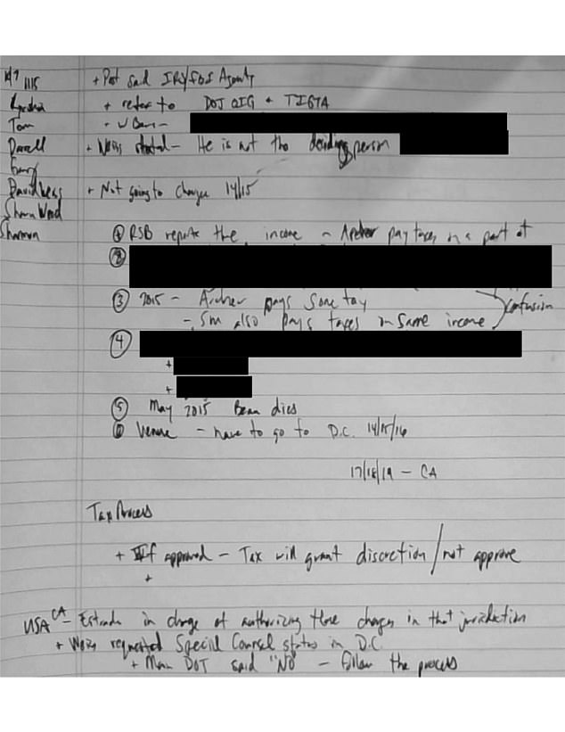 Shapley wrote in the notes: 'Weiss requested special counsel status in DC + Main DOJ said 'NO'