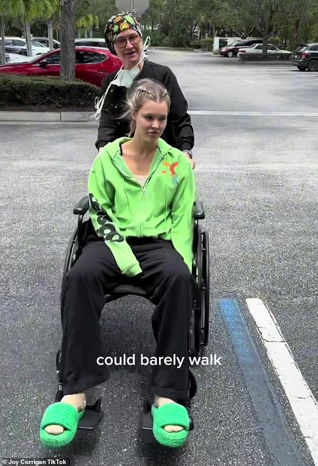 Out of it: She had to be taken to her boyfriend's car in a wheelchair because of the lethargy she felt during the operation