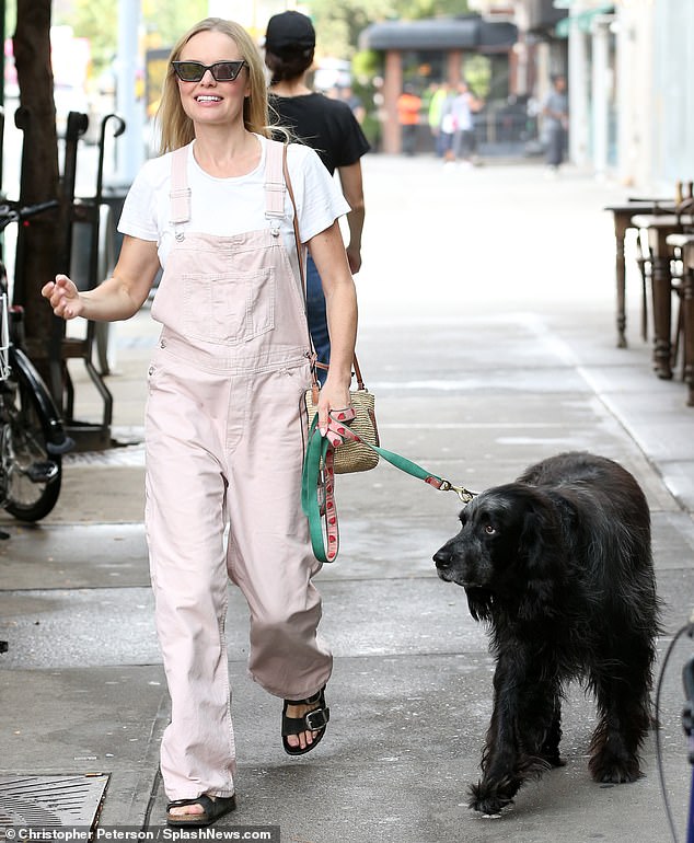 Out and about: Bosworth was also spotted taking her dog for a walk the next morning, wearing a white T-shirt under pale pink overalls