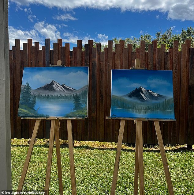 It looks like the couple channeled their artistic creativity as the lovebirds sat down with a delicious plate of food while painting a mountain landscape