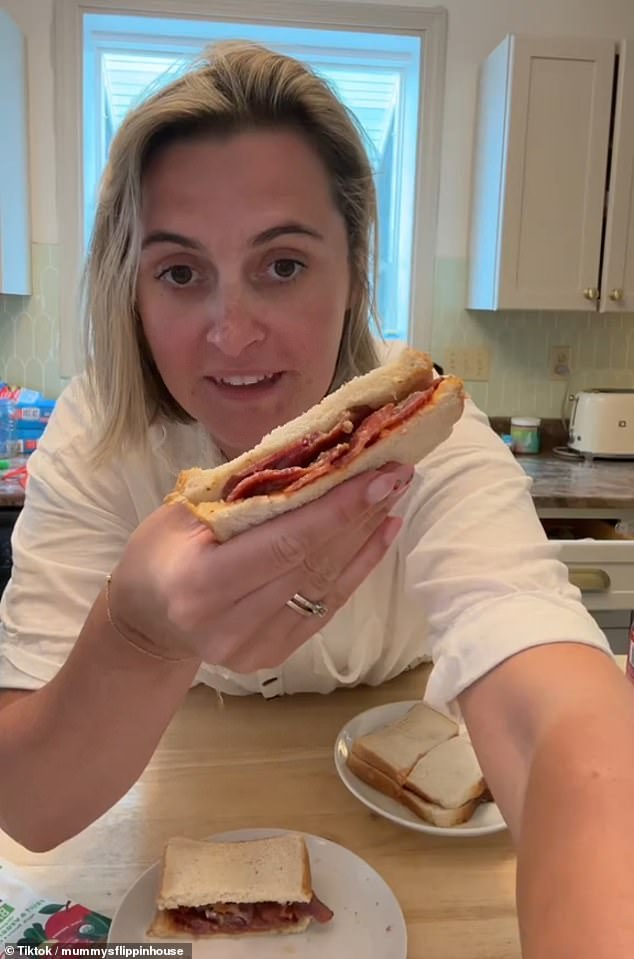 She uploaded the clip alongside a caption that read: 'Can't beat a good ol' British bacon sarnie.  My husband loved it'