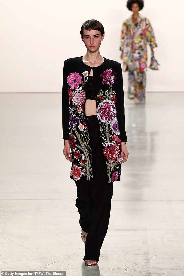 Throughout the collection, colorful flowers delight onlookers, while embellished garments energize the soul.