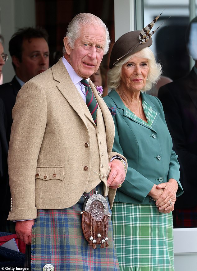 King Charles III and Queen Camilla at The Braemar Gathering 2023 at The Princess Royal and Duke of Fife Memorial Park on September 2