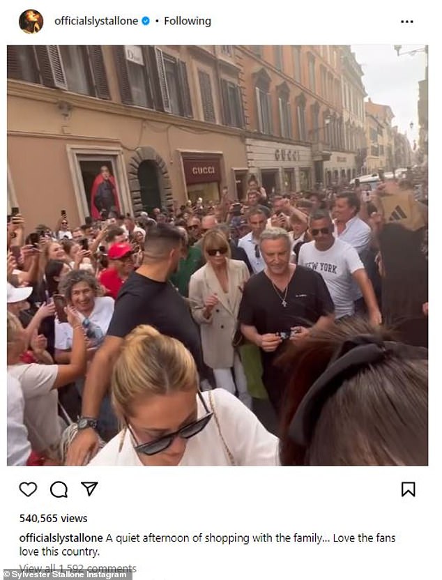 Sense of humor: Stallone joked that it was a 'quiet afternoon of family shopping' as he posted a video of the crowd gathered around him and his family, including brother Frank Stallone