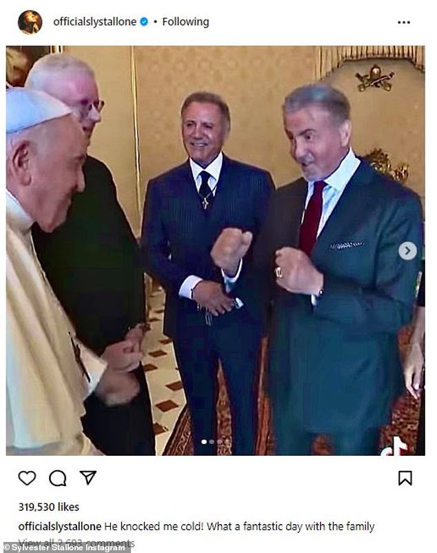 Key moment: Stallone joked with Pope Francis during their meeting at the Vatican on Friday, September 8