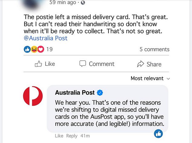 Australia Post will start using digital cards for missed deliveries, as revealed in a Reddit post (pictured)