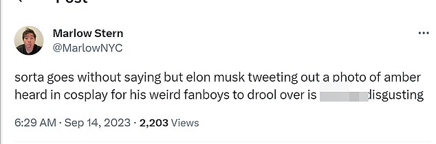 “It goes without saying, but Elon Musk tweeting a photo of Amber Heard in cosplay for his weirdo fanboys to drool over is fucking disgusting,” raged journalist Marlow Stern.