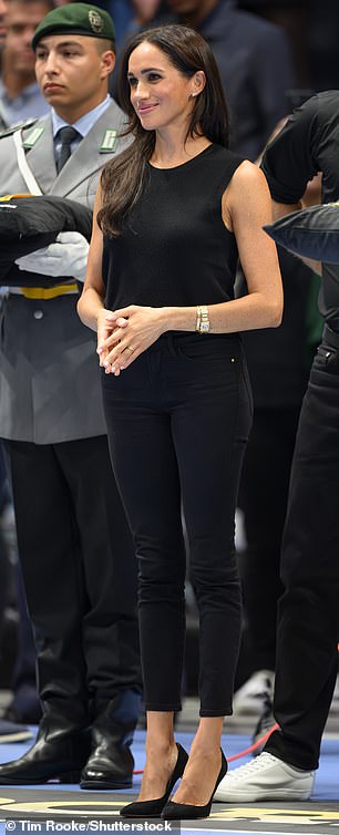 Meghan's all-black outfit on Wednesday accentuated her slender arms and slim frame