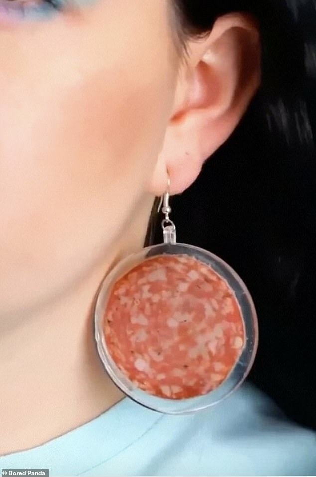 No thanks!  Elsewhere, a woman wore quirky pepperoni earrings that looked eerily like real meat