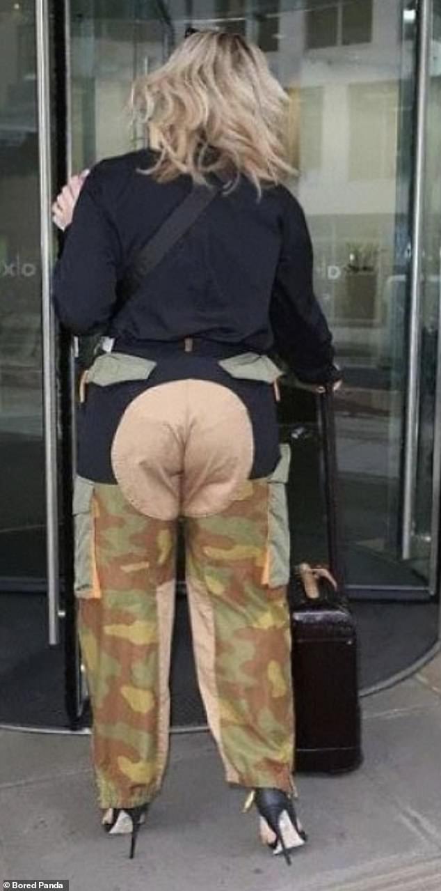 Another woman was spotted in camouflage print pants, but the derriere was a nude shade that looked like a bare bottom