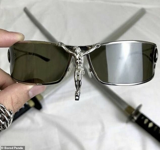 I would like to see this on someone!  Another person saw sunglasses, but with Jesus on the holy cross on the front