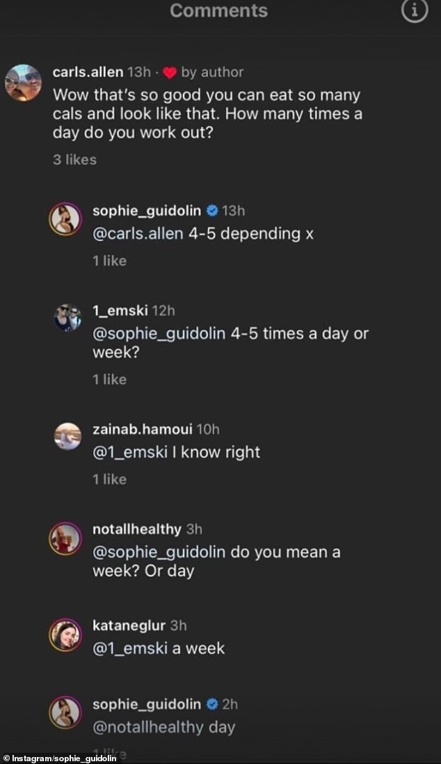 A fan asked Sophie how many times a day she works out to maintain her athletic figure - and followers were shocked by her response