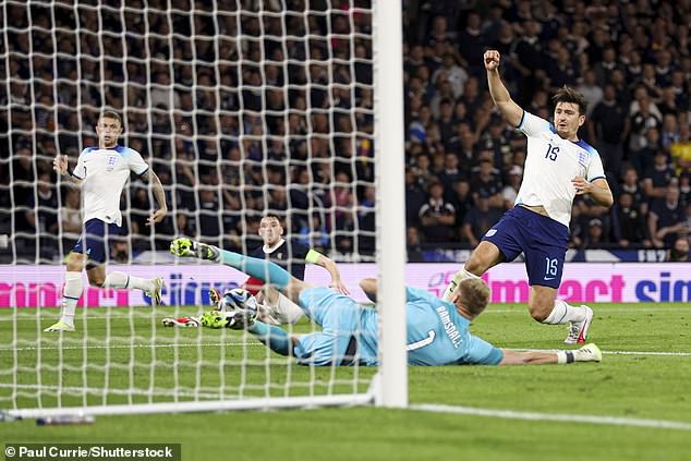 Maguire (right) suffered another unfortunate moment on international duty on Tuesday evening when he scored an own goal against Scotland during England's 3-1 win at Hampden Park