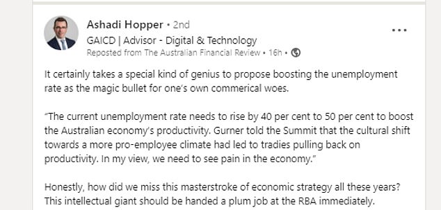 Ashadi Hopper, the director of digital consultancy AH&O Advisory, called out Mr Gurner for his comments on the need for 'pain' in the economy