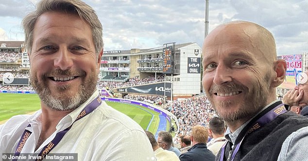 Pals: The much-loved TV presenter beamed from ear to ear as he posed for a few Instagram photos alongside his friends and bowling legend Ryan Sidebottom during the match