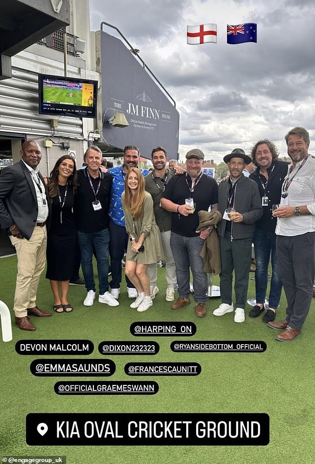 Match: Jonnie appeared in a range of photos during his visit to the famous cricket venue, alongside Ryan and former England star Graeme Swann (third from left)